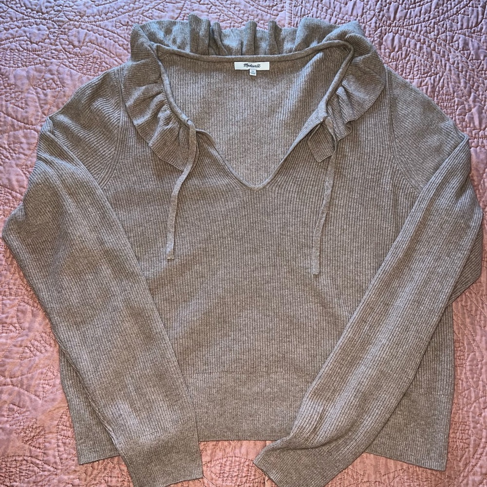 Madewell ruffle trim sweater with tie
